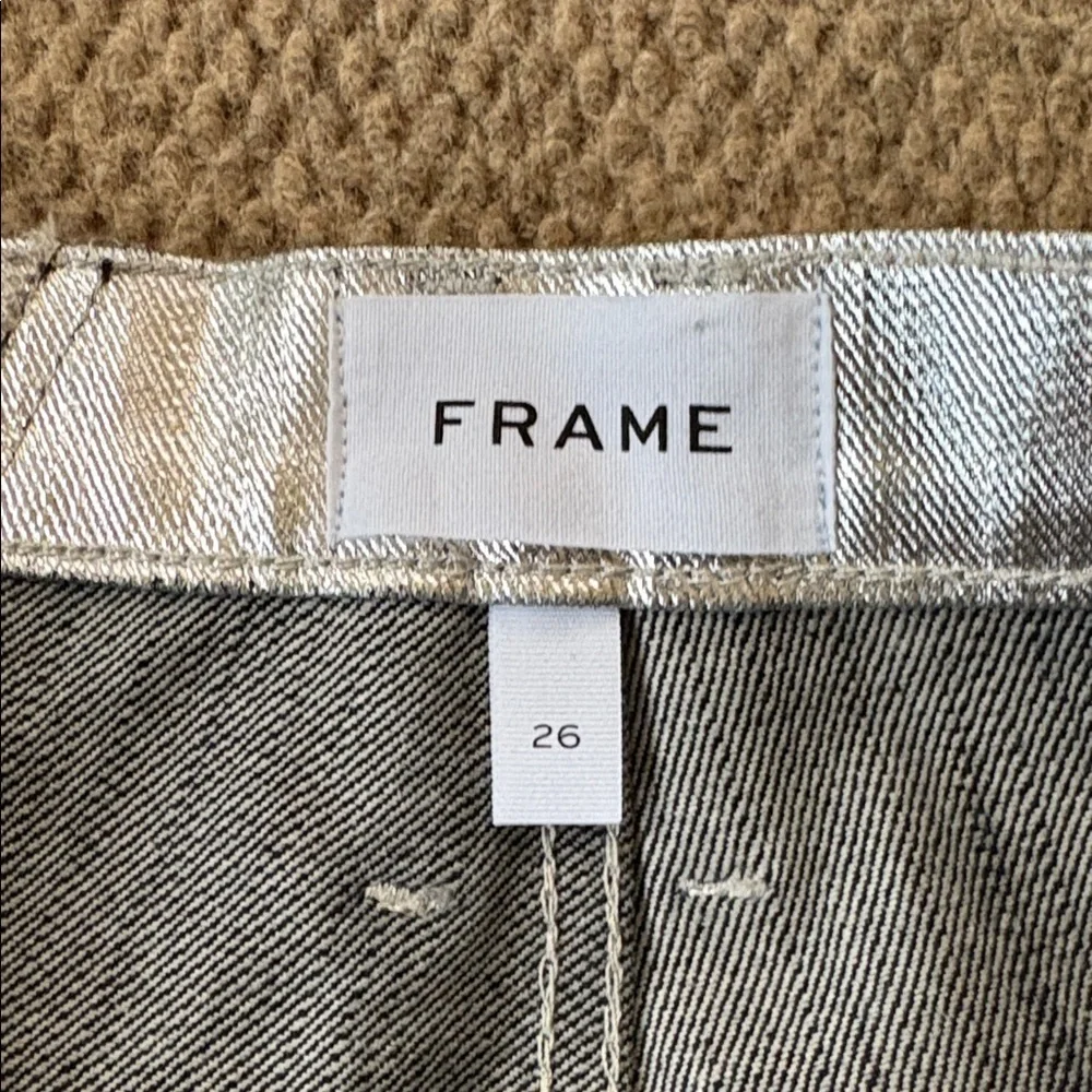 NWT FRAME Pieced Metallic Silver Black Straight Leg Jeans Size 26 Retail $448